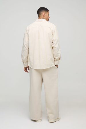 Super Oversized Linen Look Embroidery Striped Collared Shirt