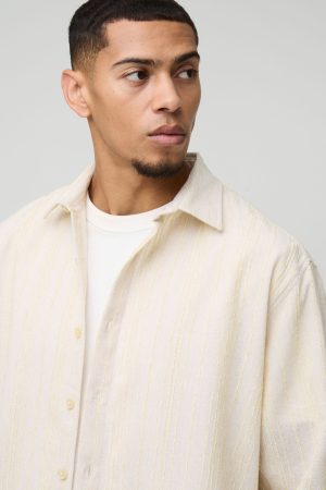Super Oversized Linen Look Embroidery Striped Collared Shirt