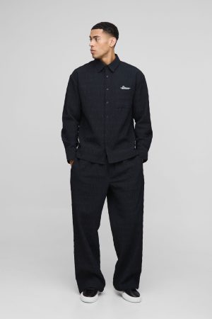 Man Oversized Long Sleeve Seersucker Shirt & Trouser Set