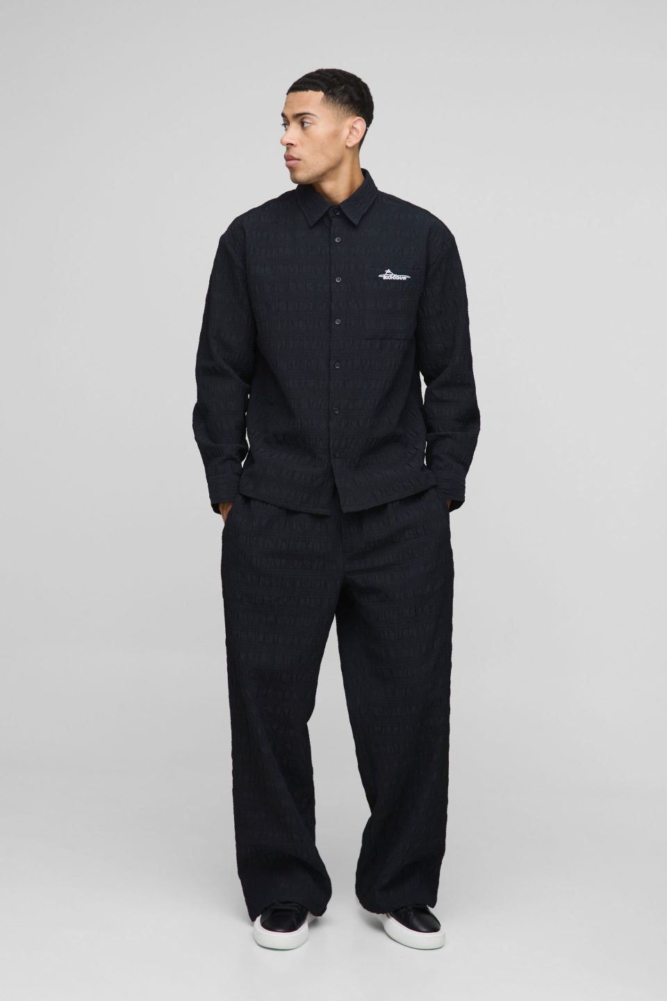 Man Oversized Long Sleeve Seersucker Shirt & Trouser Set