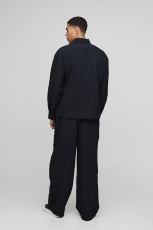 Man Oversized Long Sleeve Seersucker Shirt & Trouser Set