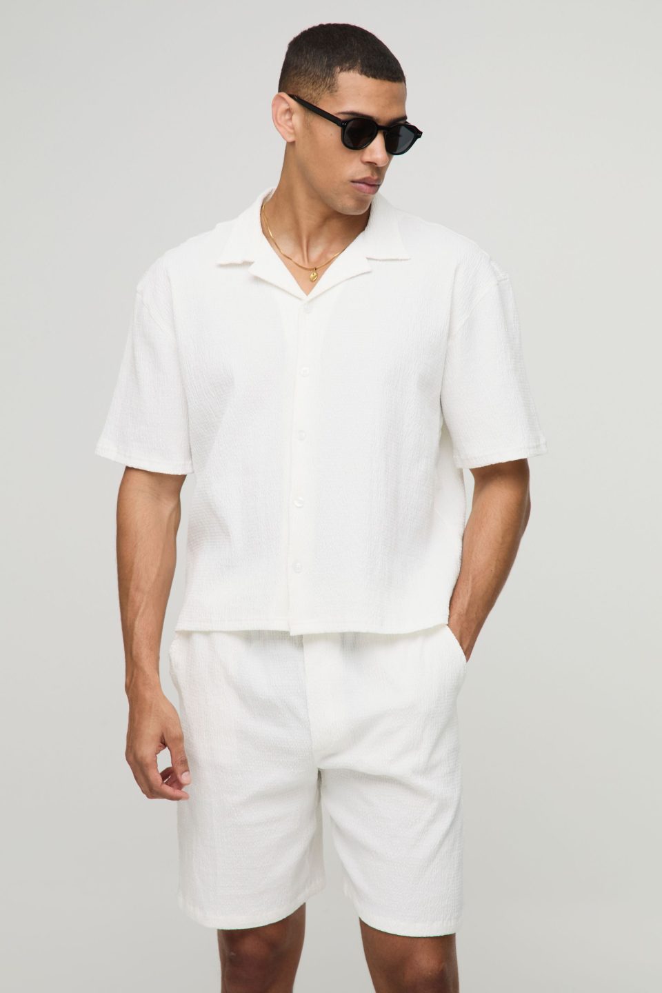 Oversized Boxy Seersucker Crinkle Shirt & Short Set