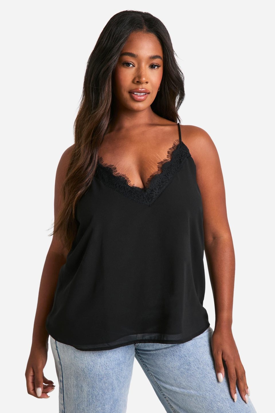 Plus Lace Insert Chiffon Cami Top