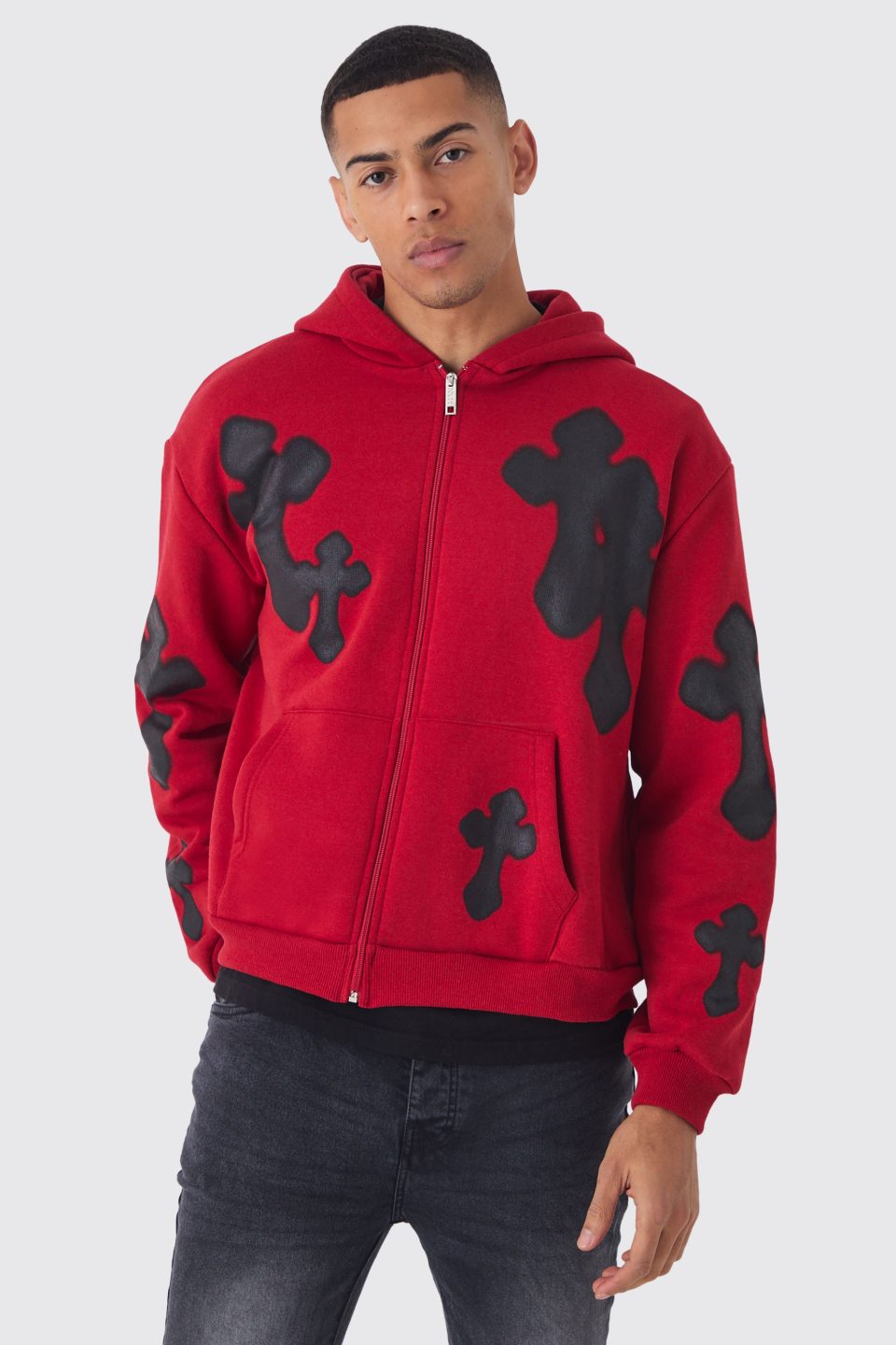 Oversized Boxy Spray Cross Zip Through Hoodie