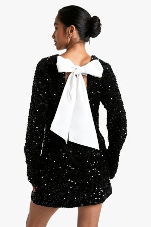 Petite Velvet Sequin Bow Back Mini Dress