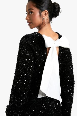 Petite Velvet Sequin Bow Back Mini Dress