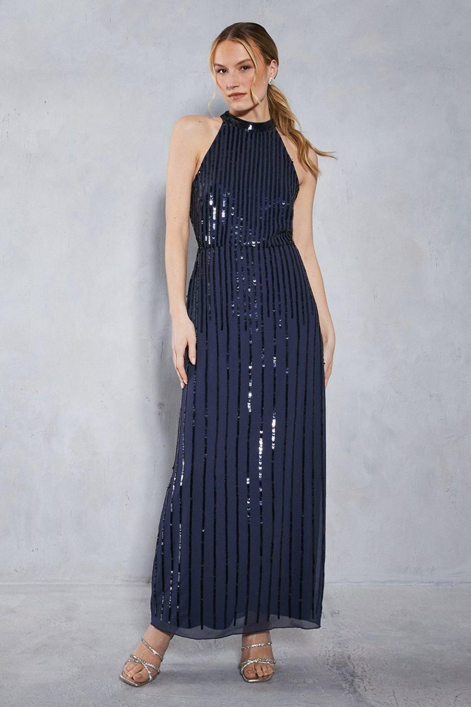 Petite Linear Sequin Halter Neck Maxi Dress