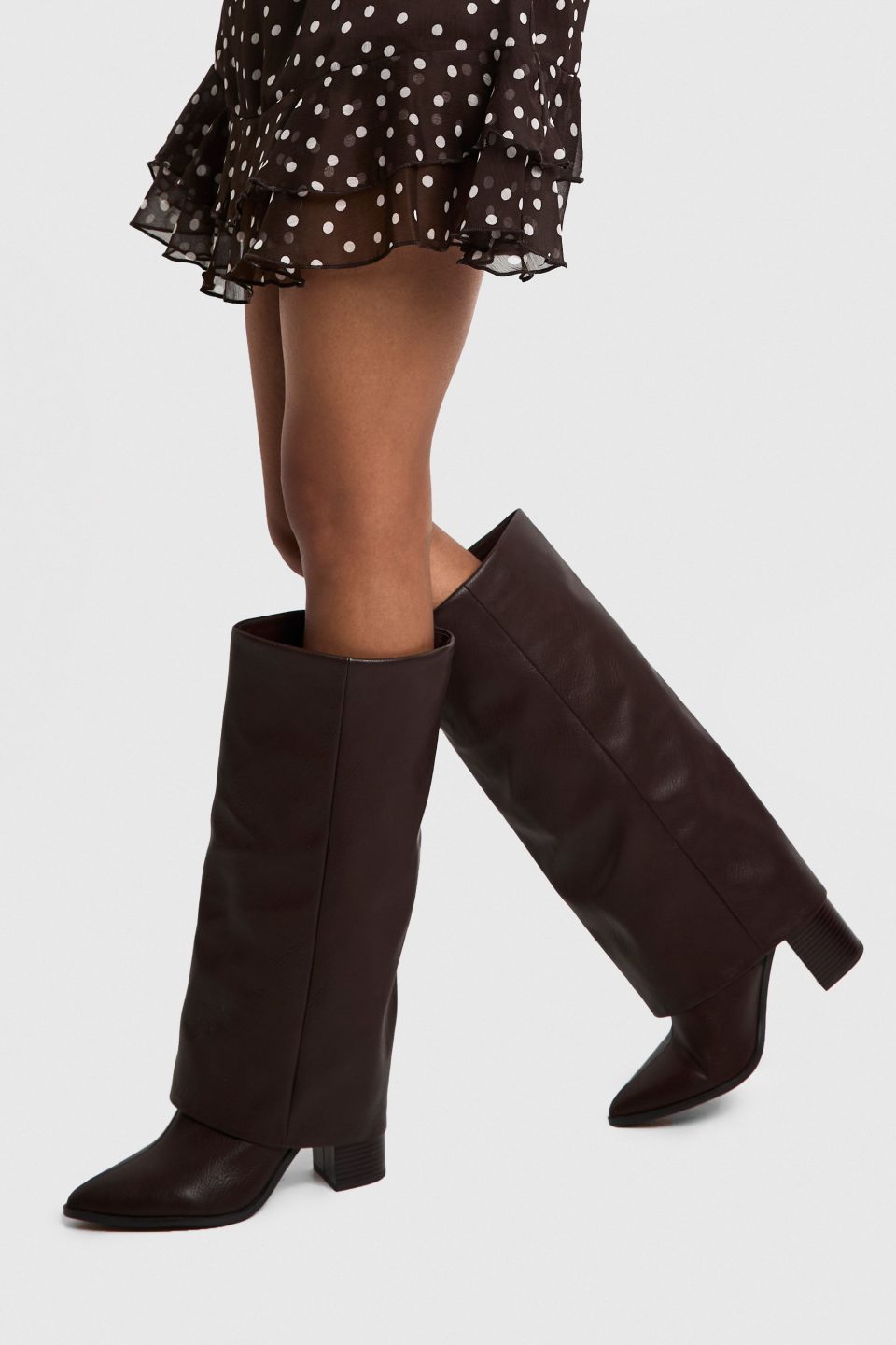 Wide Fit Textured Foldover Stacked Heel Knee High Boots