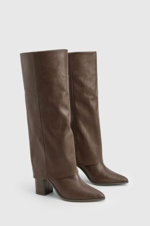 Wide Fit Textured Foldover Stacked Heel Knee High Boots