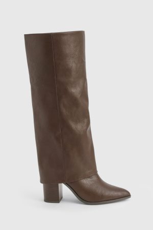 Wide Fit Textured Foldover Stacked Heel Knee High Boots