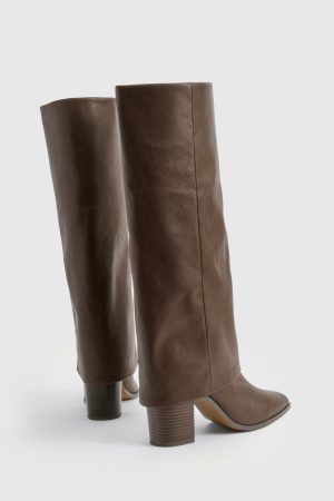 Wide Fit Textured Foldover Stacked Heel Knee High Boots