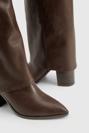 Wide Fit Textured Foldover Stacked Heel Knee High Boots