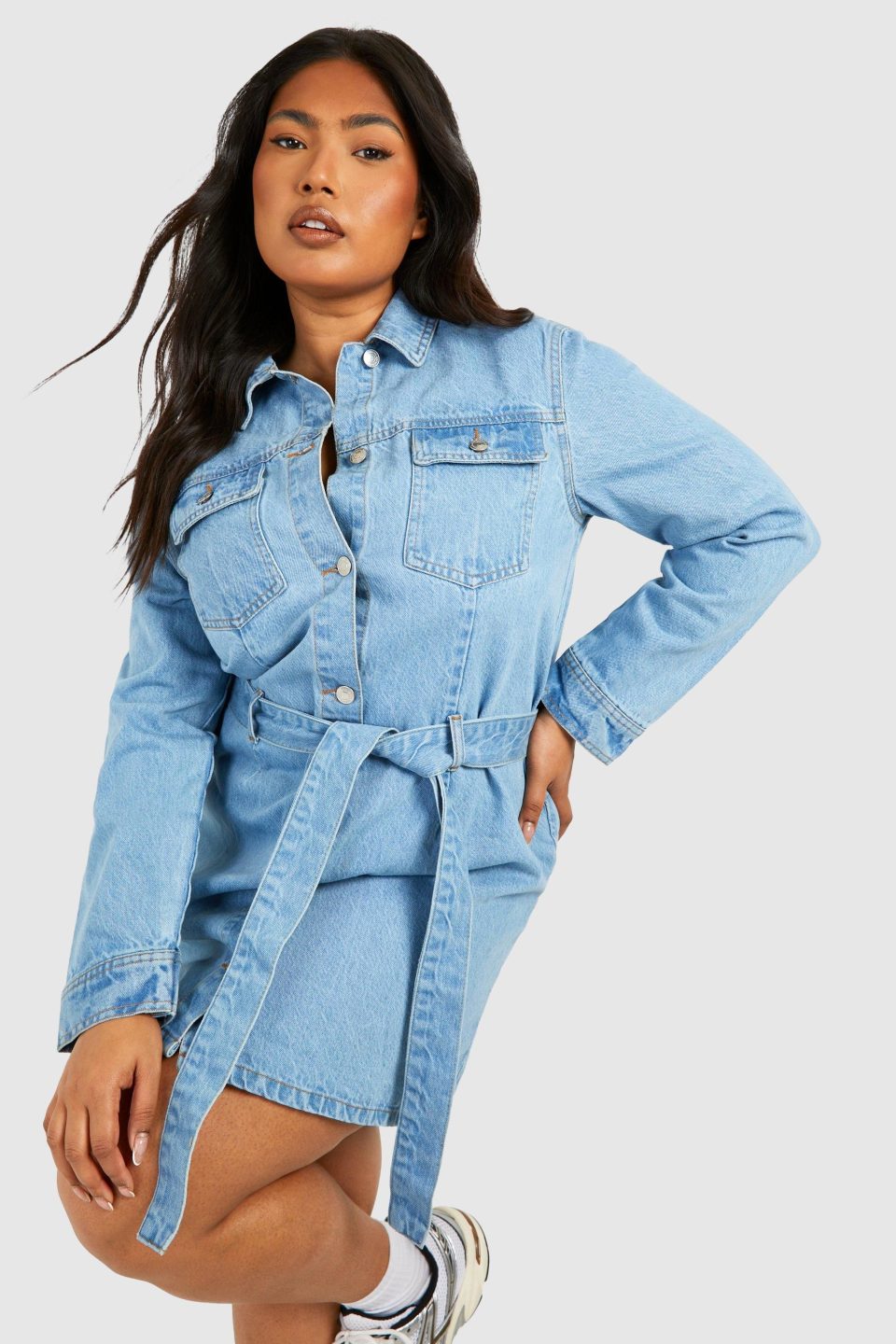 Plus Denim Tie Belt Shift Dress