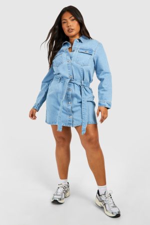 Plus Denim Tie Belt Shift Dress