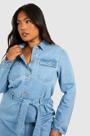 Plus Denim Tie Belt Shift Dress