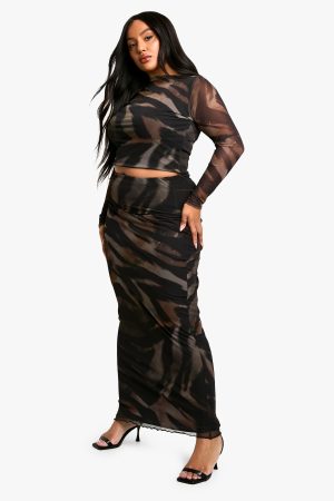 Plus Animal Print Slash Neck Top & Maxi Skirt Co Ord