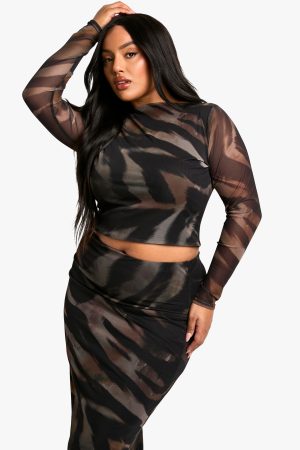 Plus Animal Print Slash Neck Top & Maxi Skirt Co Ord
