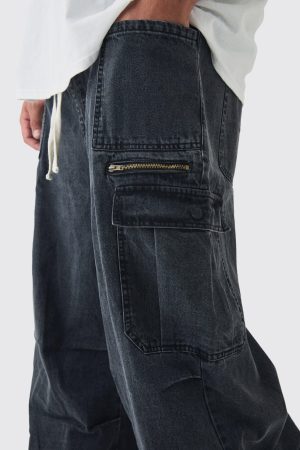 Plus Elasticated Waist Acid Wash Parachute Cargo Jeans