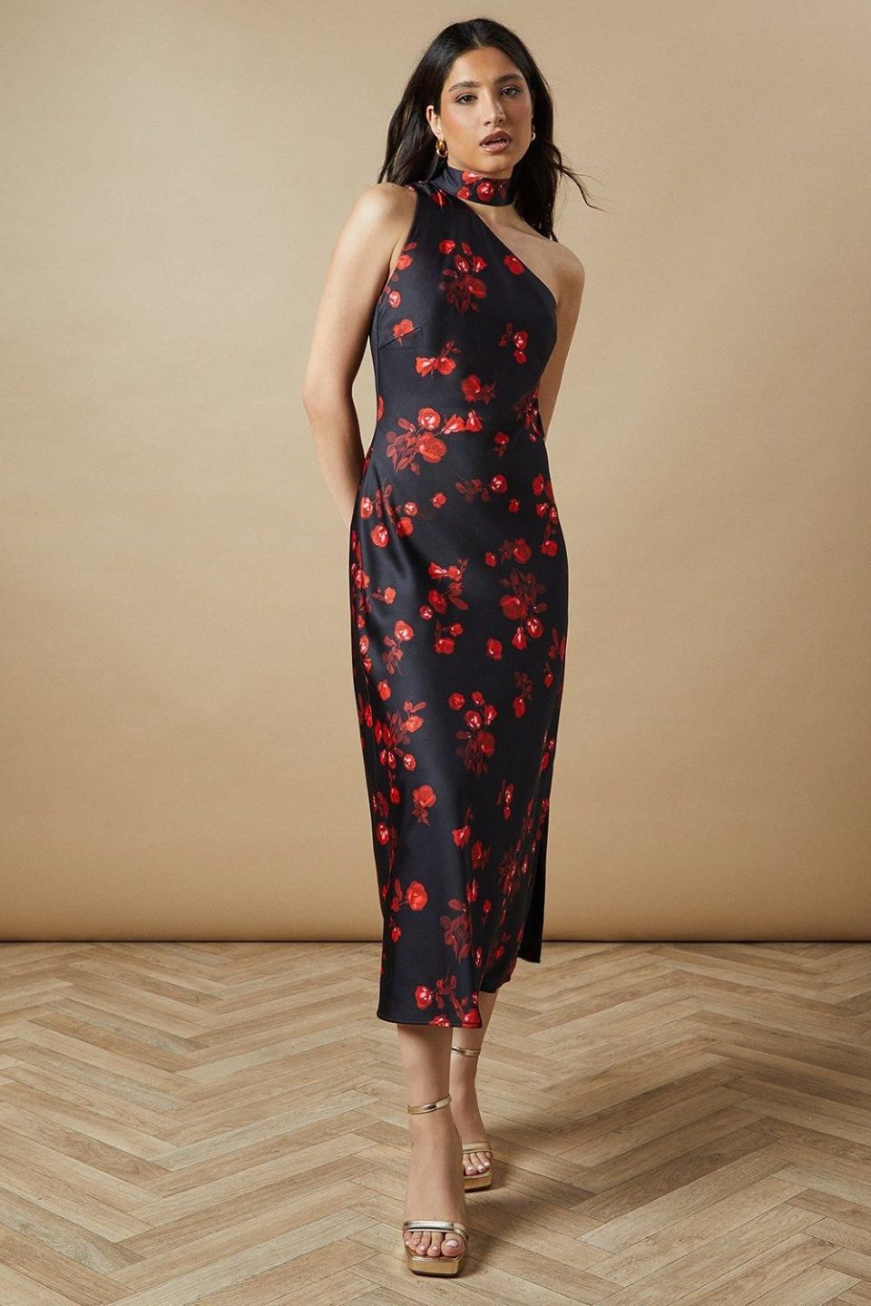 Occasion Floral Tie Neck Bias Maxi Dress