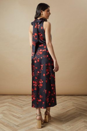 Occasion Floral Tie Neck Bias Maxi Dress