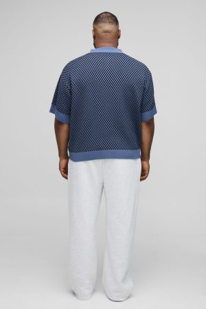 Plus Contrast Edge Open Knit Boxy Oversized Polo Shirt