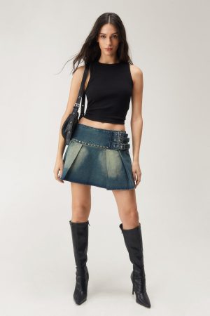 Denim Pleated Buckle Mini Skirt