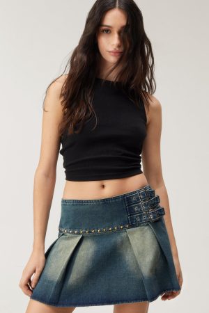 Denim Pleated Buckle Mini Skirt