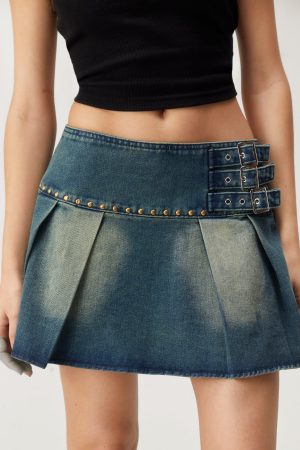 Denim Pleated Buckle Mini Skirt