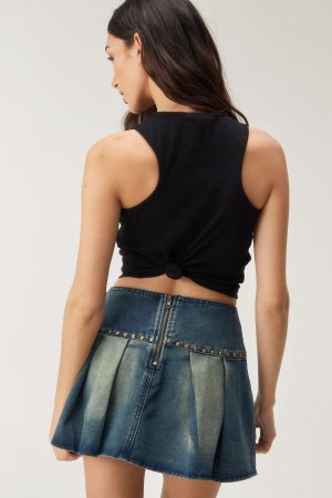 Denim Pleated Buckle Mini Skirt