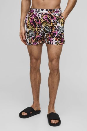 Short Length Abstract Print Swim Shorts