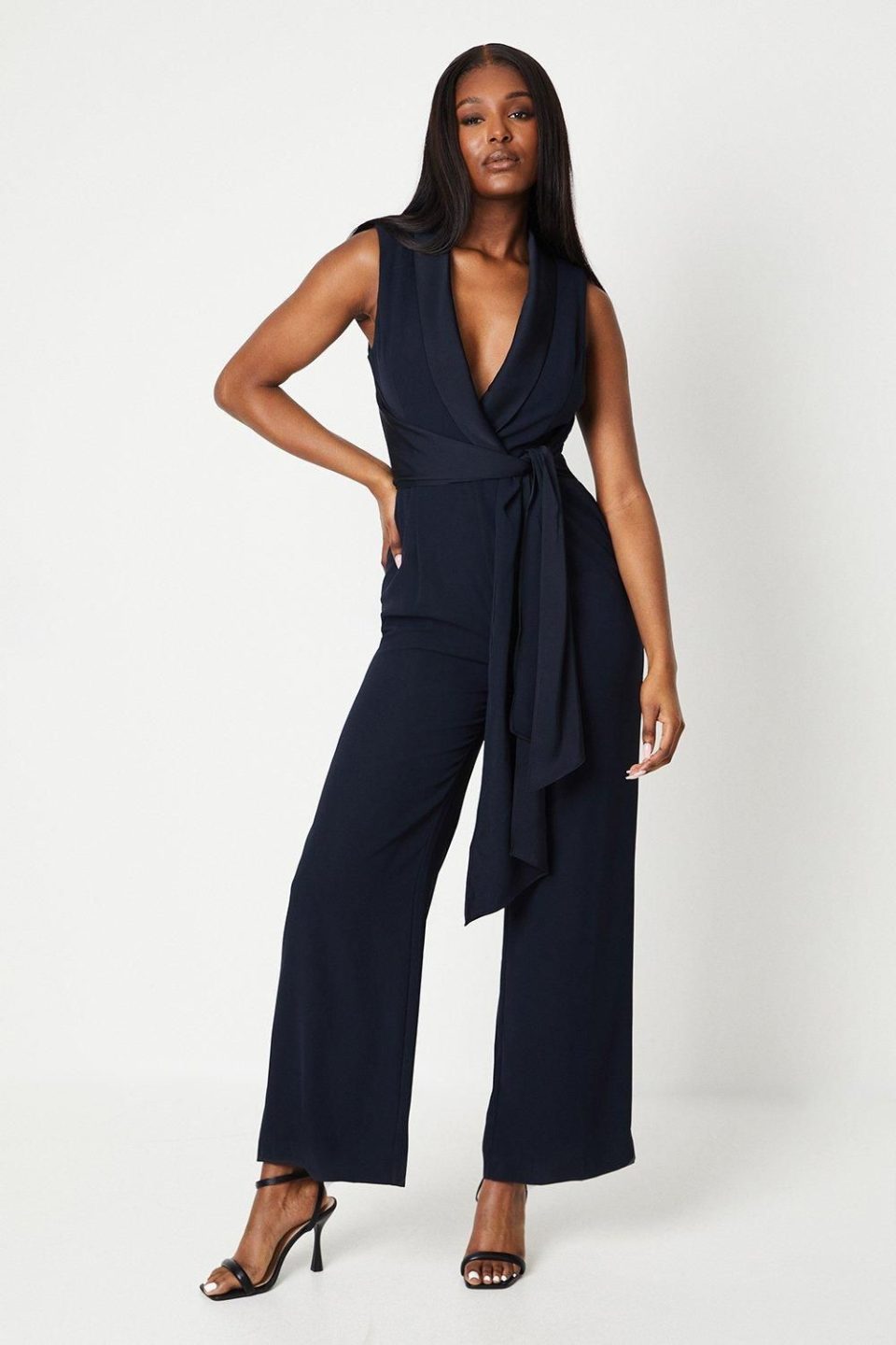 Satin Detail Wrap Bodice Tuxedo Jumpsuit