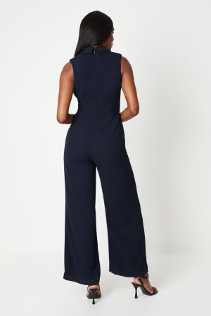 Satin Detail Wrap Bodice Tuxedo Jumpsuit
