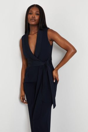 Satin Detail Wrap Bodice Tuxedo Jumpsuit