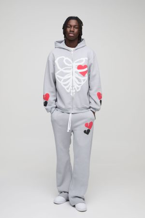 Oversized Heart Skelton Puff Print Flare Zip Through Tracksuit