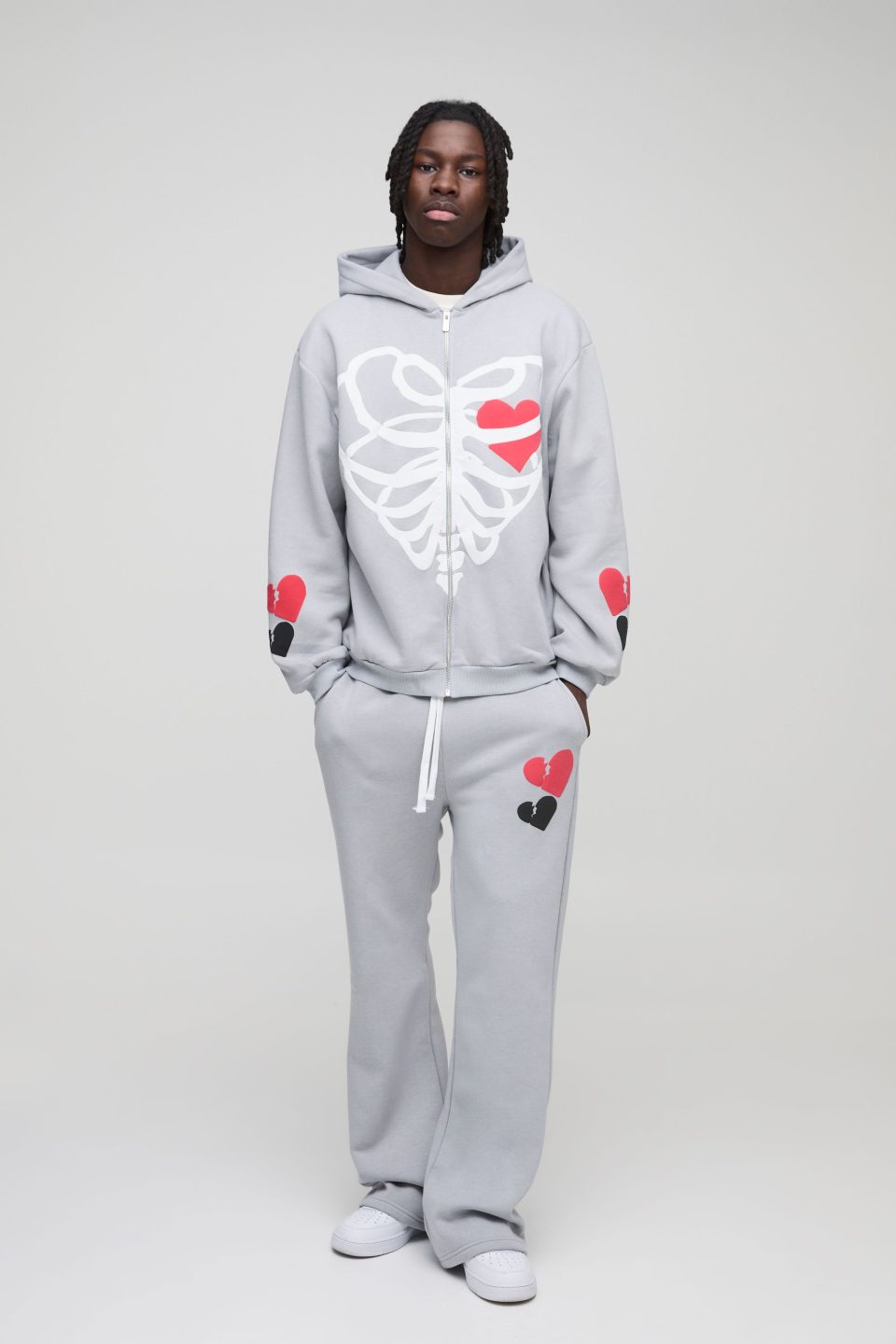 Oversized Heart Skelton Puff Print Flare Zip Through Tracksuit