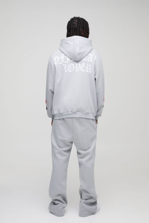 Oversized Heart Skelton Puff Print Flare Zip Through Tracksuit