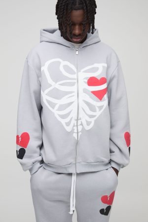 Oversized Heart Skelton Puff Print Flare Zip Through Tracksuit