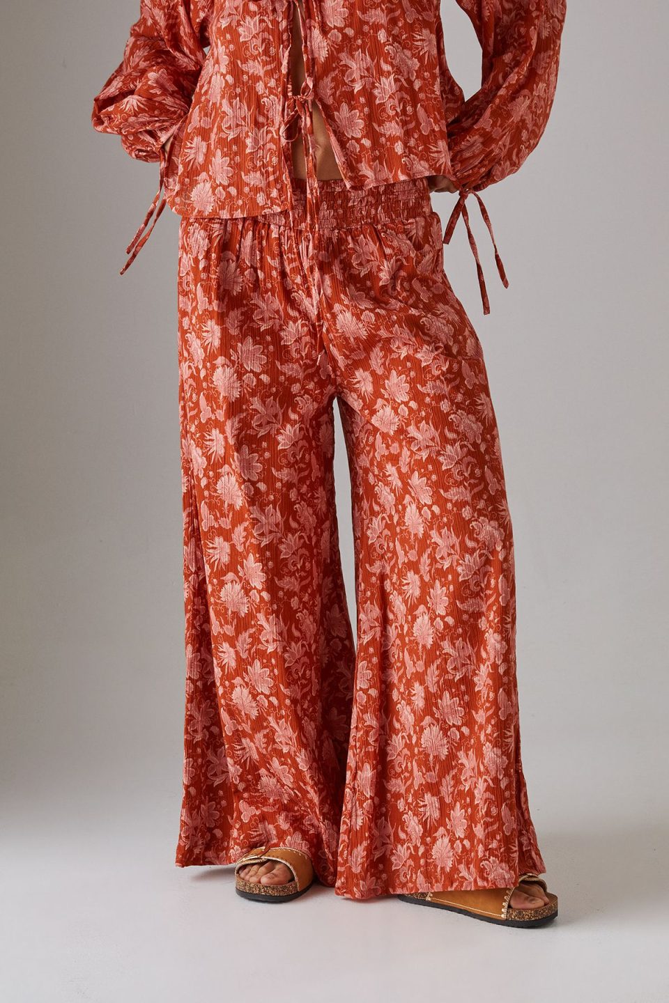 Cheesecloth Shirred Waist Wide Leg Trousers