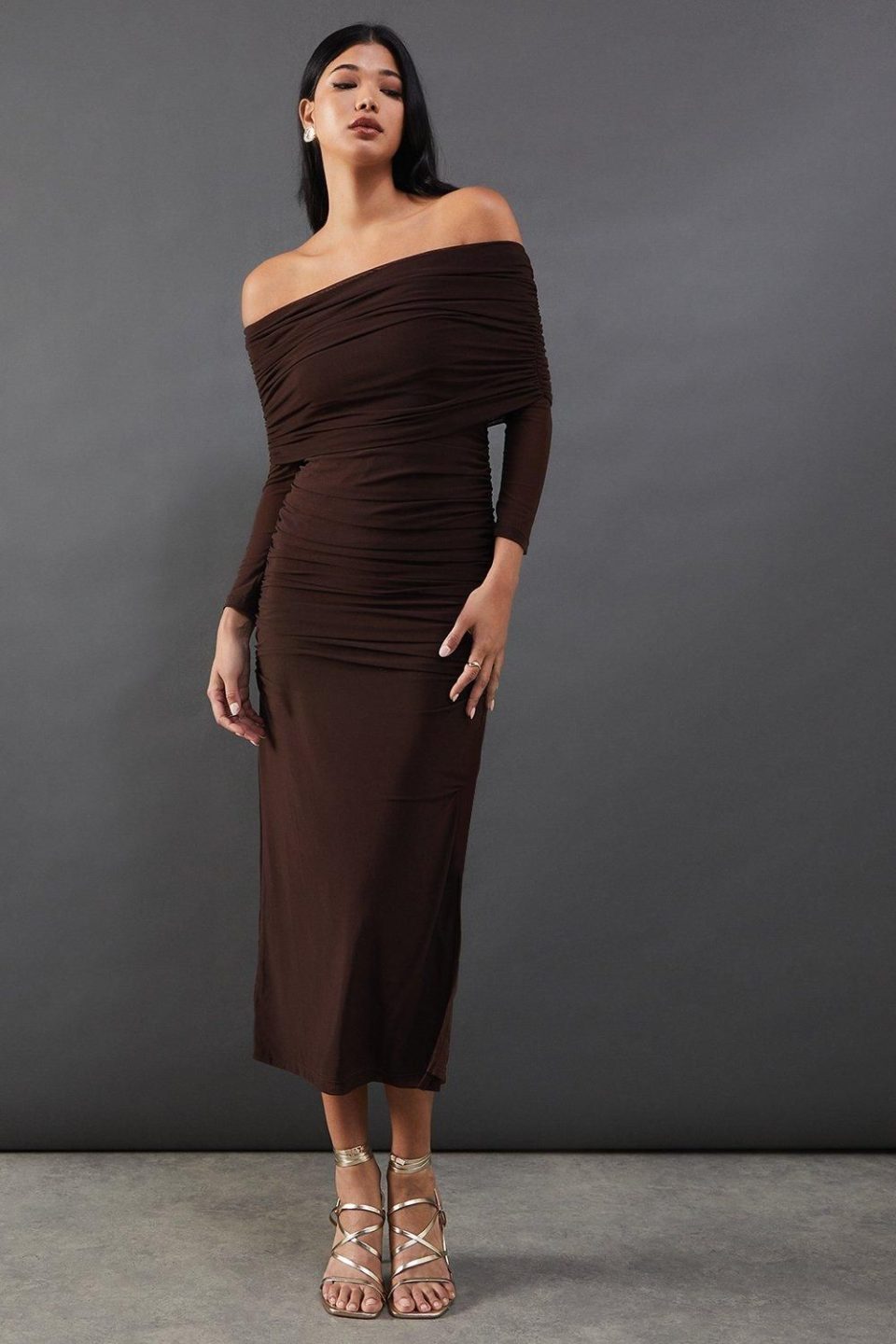 Mesh Ruched Bardot Maxi Dress