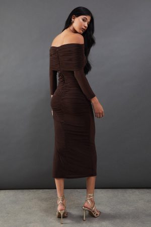 Mesh Ruched Bardot Maxi Dress