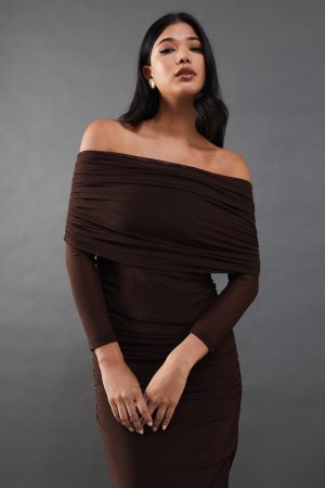 Mesh Ruched Bardot Maxi Dress