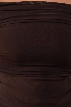 Mesh Ruched Bardot Maxi Dress