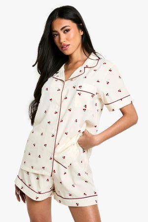 Cherry Print Piping Detail Short Sleeve Shirt & Shorts Pyjama Set