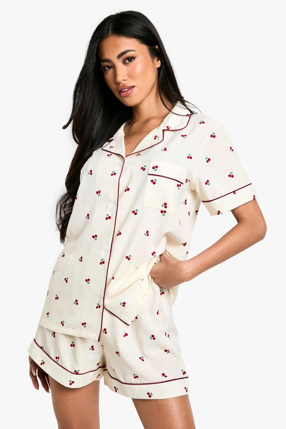 Cherry Print Piping Detail Short Sleeve Shirt & Shorts Pyjama Set