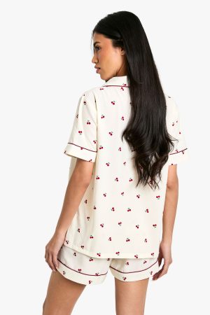Cherry Print Piping Detail Short Sleeve Shirt & Shorts Pyjama Set