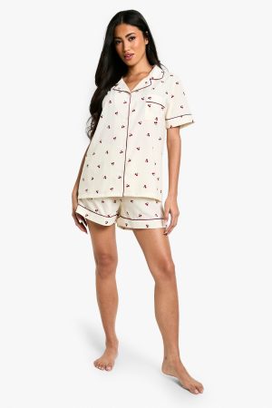 Cherry Print Piping Detail Short Sleeve Shirt & Shorts Pyjama Set