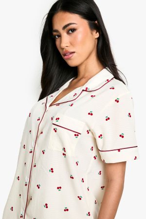 Cherry Print Piping Detail Short Sleeve Shirt & Shorts Pyjama Set
