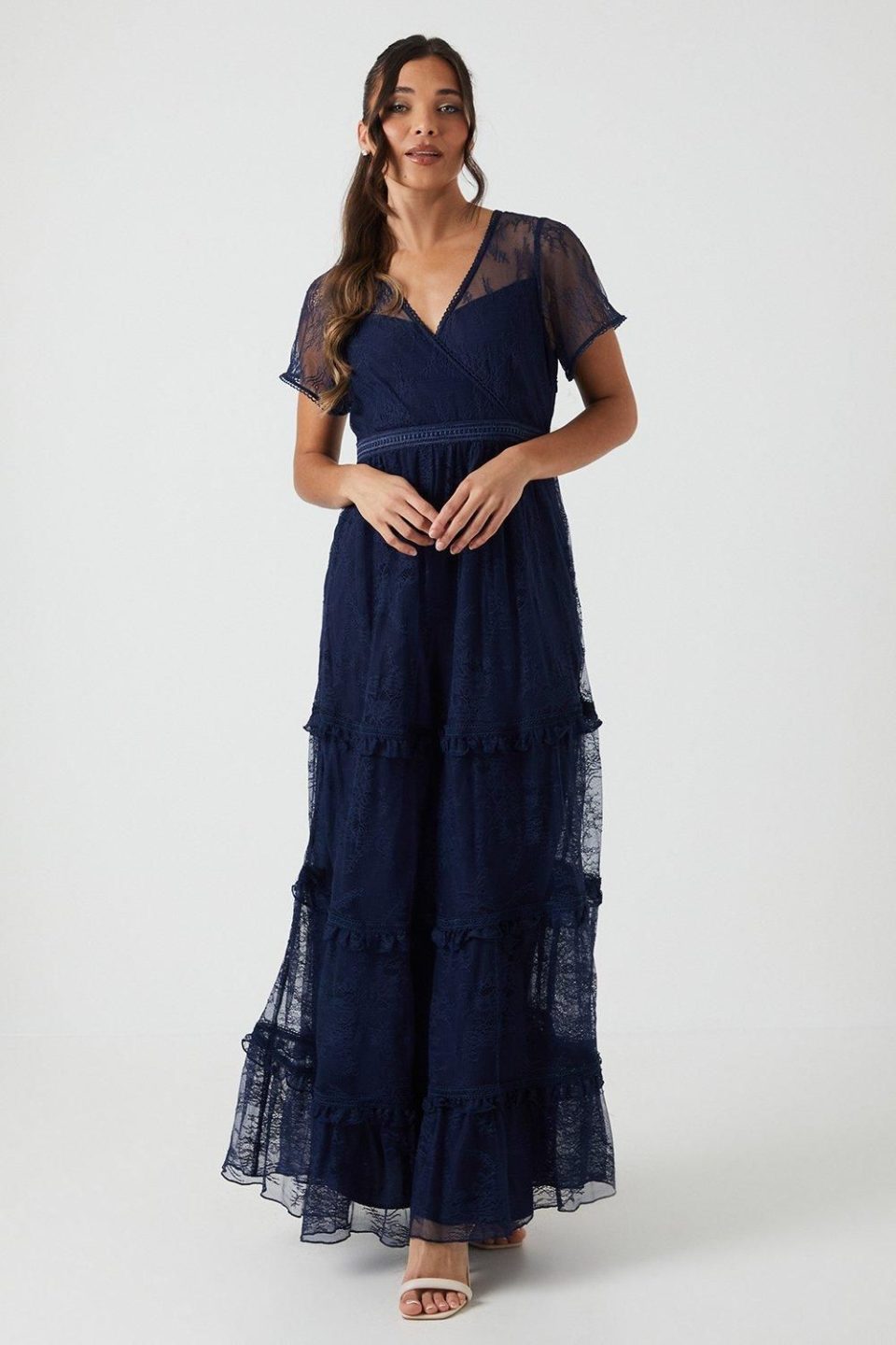 Petite Delicate Lace Trim Tiered Maxi Bridesmaids Dress