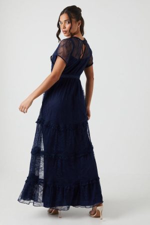 Petite Delicate Lace Trim Tiered Maxi Bridesmaids Dress
