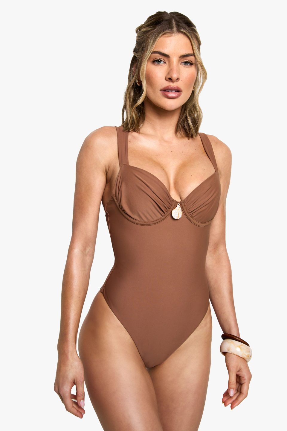 Shell Trim Ruched Cup Underwired Swimsuit